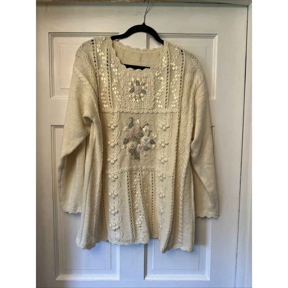 Vintage SHENANIGANS Womens SWEATER CottageCore Floral Seed Pearls Sz XL Romantic